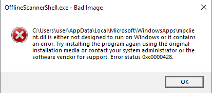 offlinescannershell-mpclient-dll-unsigned-by-microsoft-error